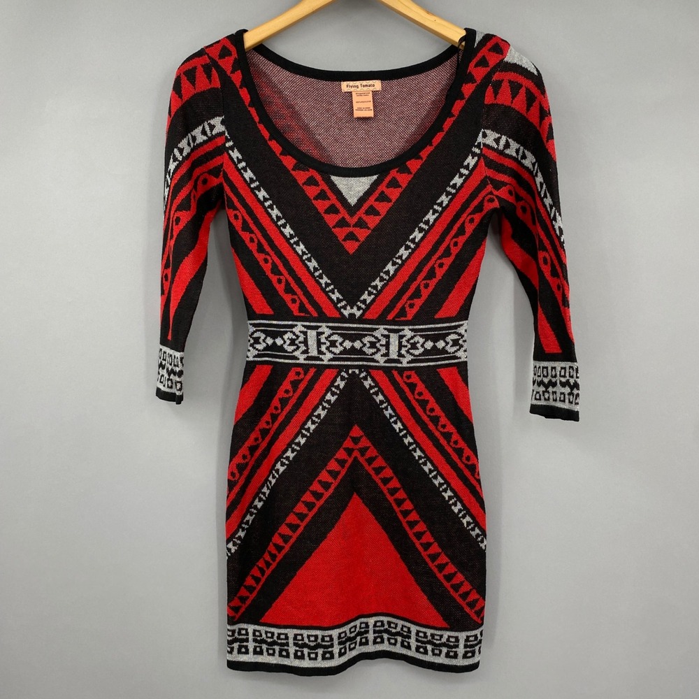 Flying Tomato Geometric Tribal Sweater Dress Women XS Red Black Knit Mini Aztec